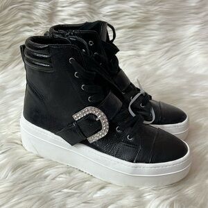 Gianni Bini Black High-Top Sneakers with Rhinestone Buckle